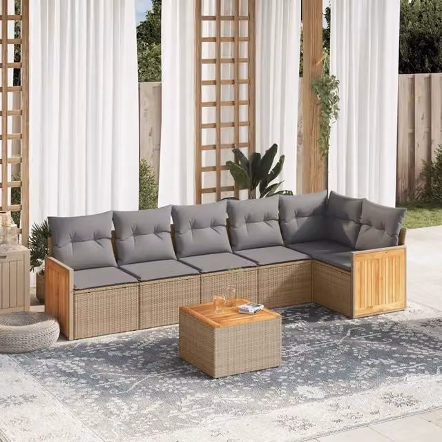 Set Divani da Giardino 7 pz con Cuscini Beige in Polyrattan 3227676