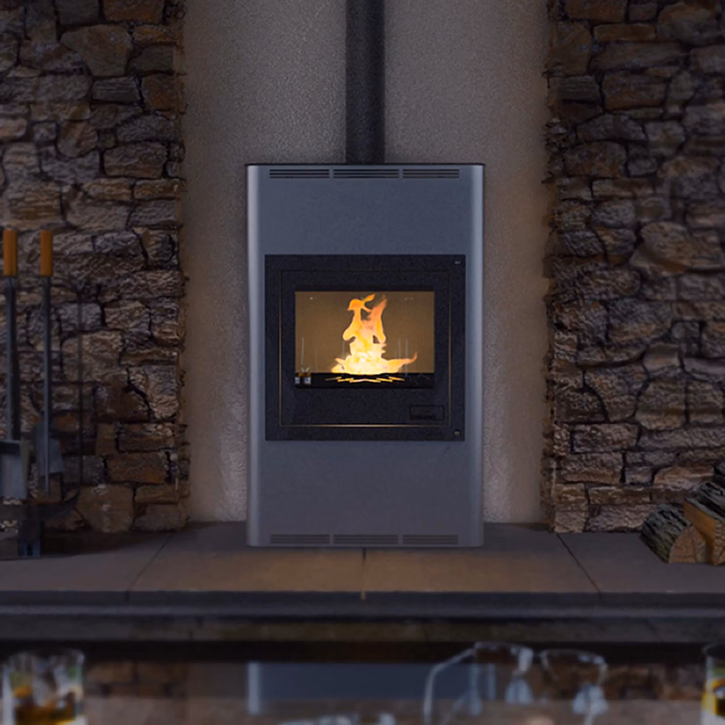 Termocamino HS FLAMINGO AQUAFLAM 25 con scambiatore di calore regolazione base grigio