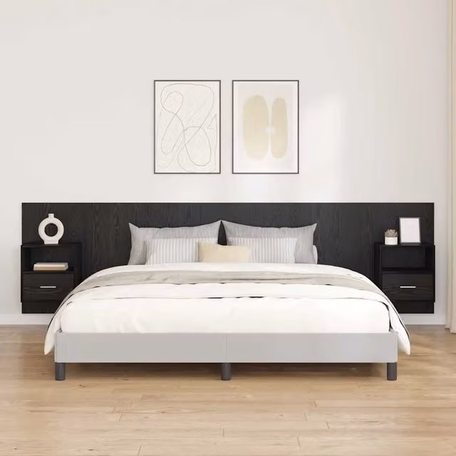 Set di 3 pezzi Testata con Comodini integrati vidaXL in Legno Ingegnerizzato e MDF, Colore Rovere e Nero, Design Moderno a Parete