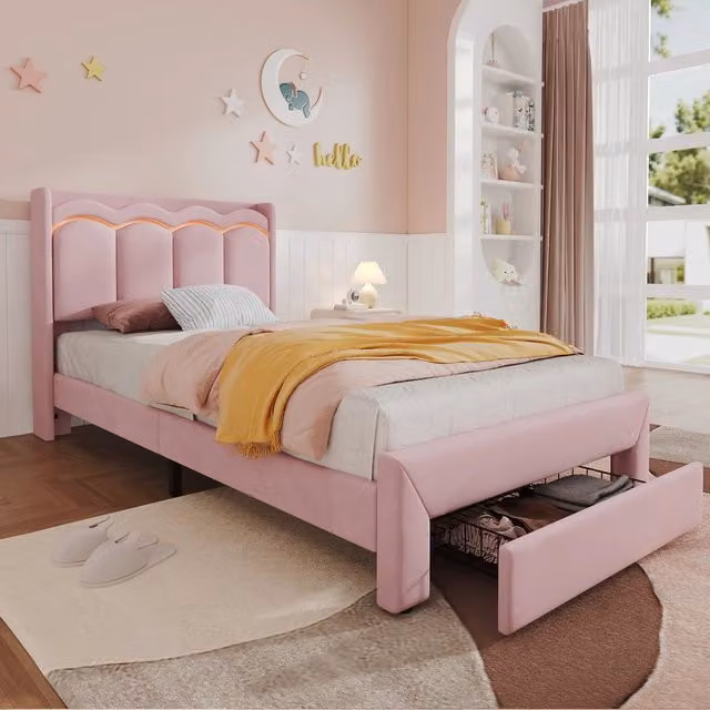 Letto singolo imbottito rosa 90x200 cm in velluto; con cassetto; testiera a onde; ripiano e LED controllabili da app