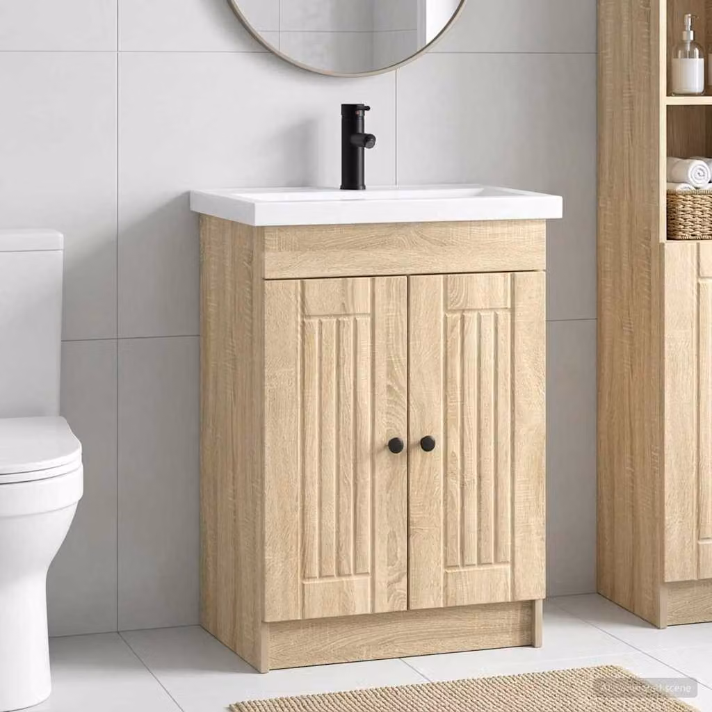 Set di mobili per il bagno moderno vidaXL in legno e metallo, colore Rovere Sonoma, L: 56 cm, P: 37,5 cm, H: 81 cm