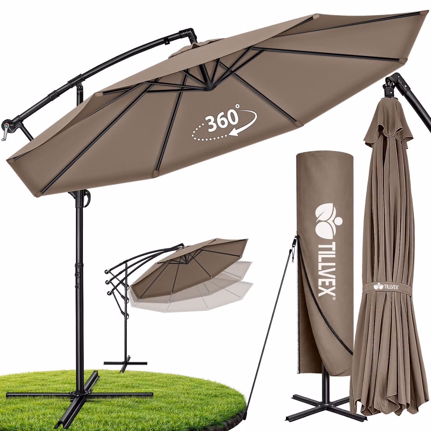 Ombrellone Tillvex Cappuccino Ø 350 cm Ombrellone da giardino Ombrellone da mercato Manovella Balcone Alluminio Inclinabile