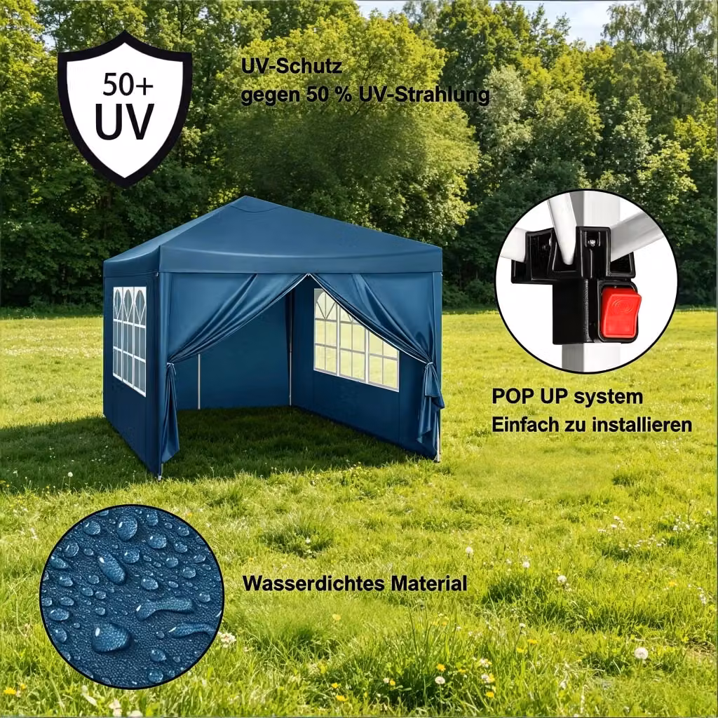 Gazebo Regolabile REDOM Blu in Tessuto Oxford e Metallo L/P: 300 x 300 cm – 2