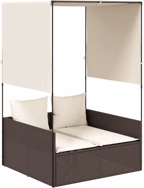 Lettino prendisole in polyrattan marrone con tenda parasole e tessuto resistente ai raggi UV – 1