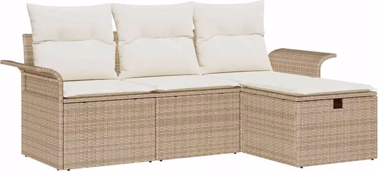 Set Divano da Giardino con cuscino 4 pcs Beige Poly Rattan