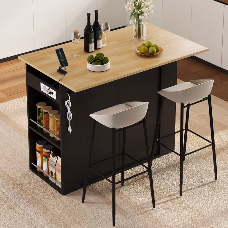 Isola da cucina STILVORA con piano di lavoro pieghevole, mobile da cucina con 2 ante e 1 cassetto, angolo caffè con scaffali aperti laterali e prese di corrente