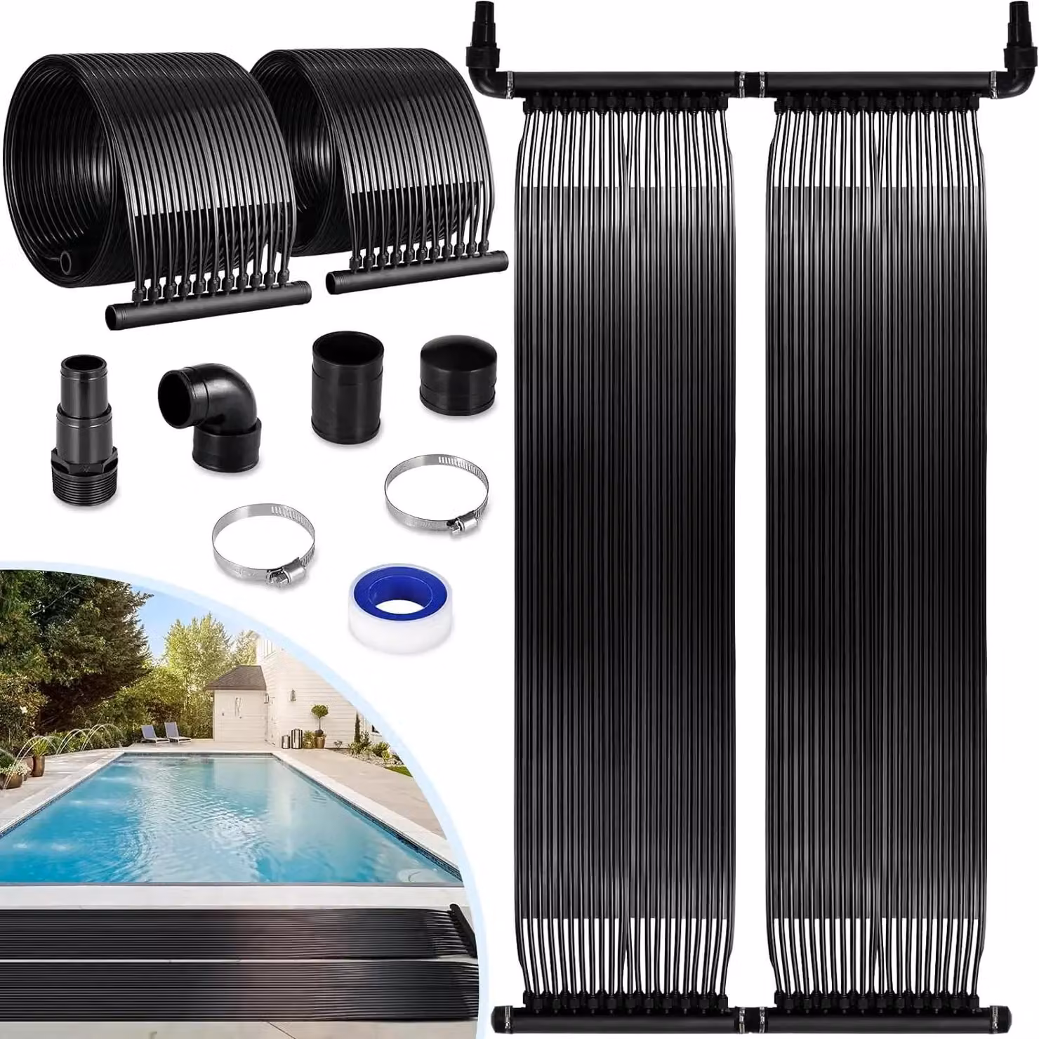 Riscaldamento solare per piscine - Pannelli solari - 2 pezzi, dimensioni 300 x 75 cm, materiale PE - Adatti per piscine da 20.000–24.000 litri - Dotati di valvola di sfiato per la temperatura e la pressione