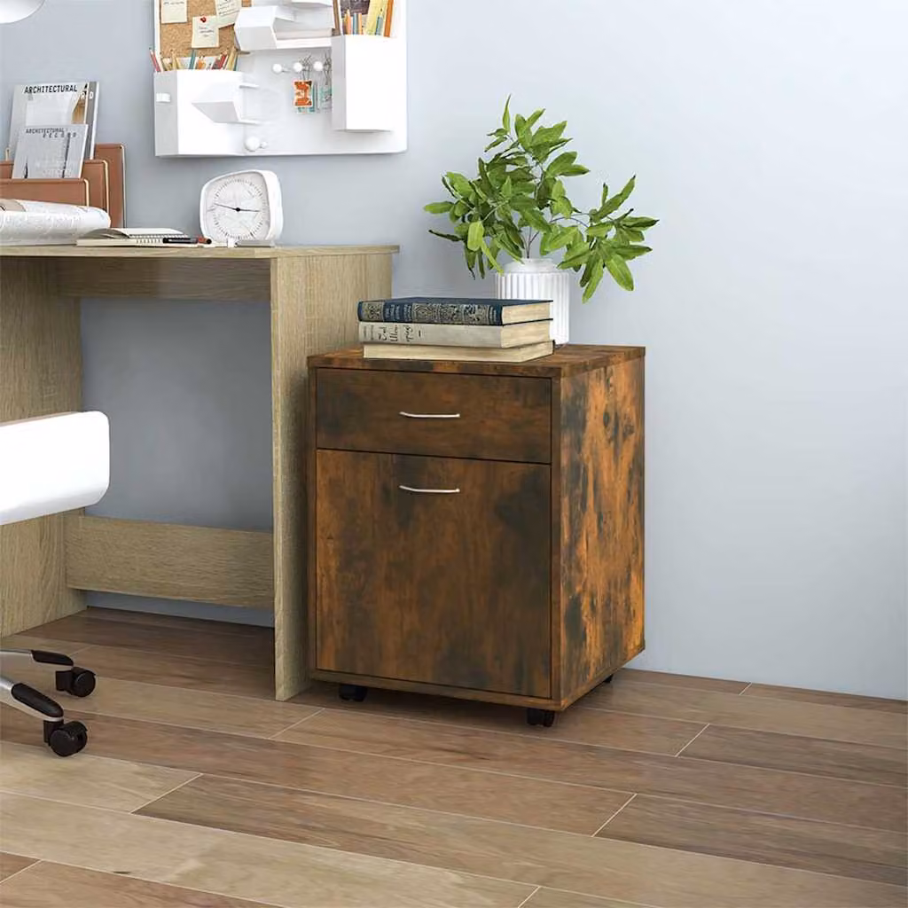 Armadietto con ruote vidaXL in legno Rovere Fumo con cassetti e ante, L 45 cm x P 38 cm x H 54 cm