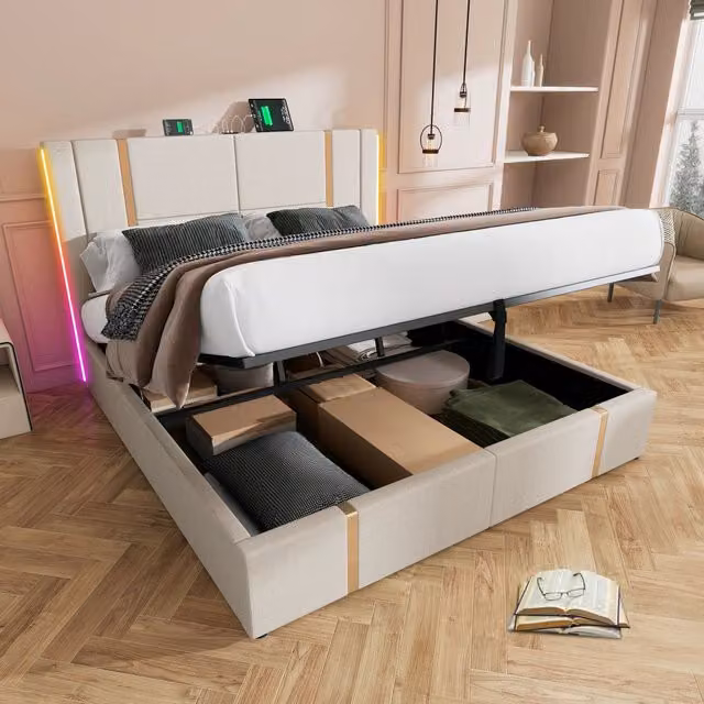 Letto matrimoniale imbottito 160 × 200 cm con vano contenitore LED RGB USB e tipo C in lino beige