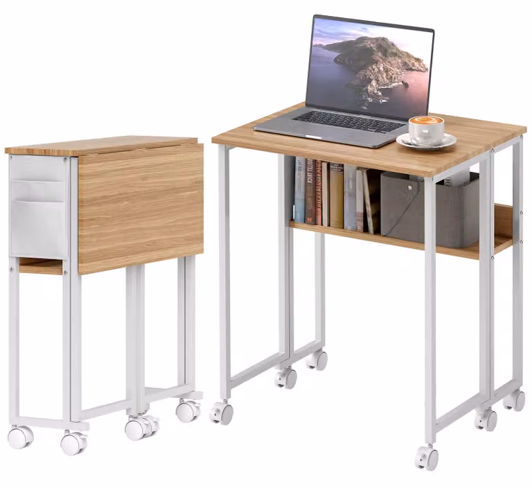 HOMCOM Scrivania pieghevole Piccola scrivania pieghevole da 63 cm con rotelle, colore naturale