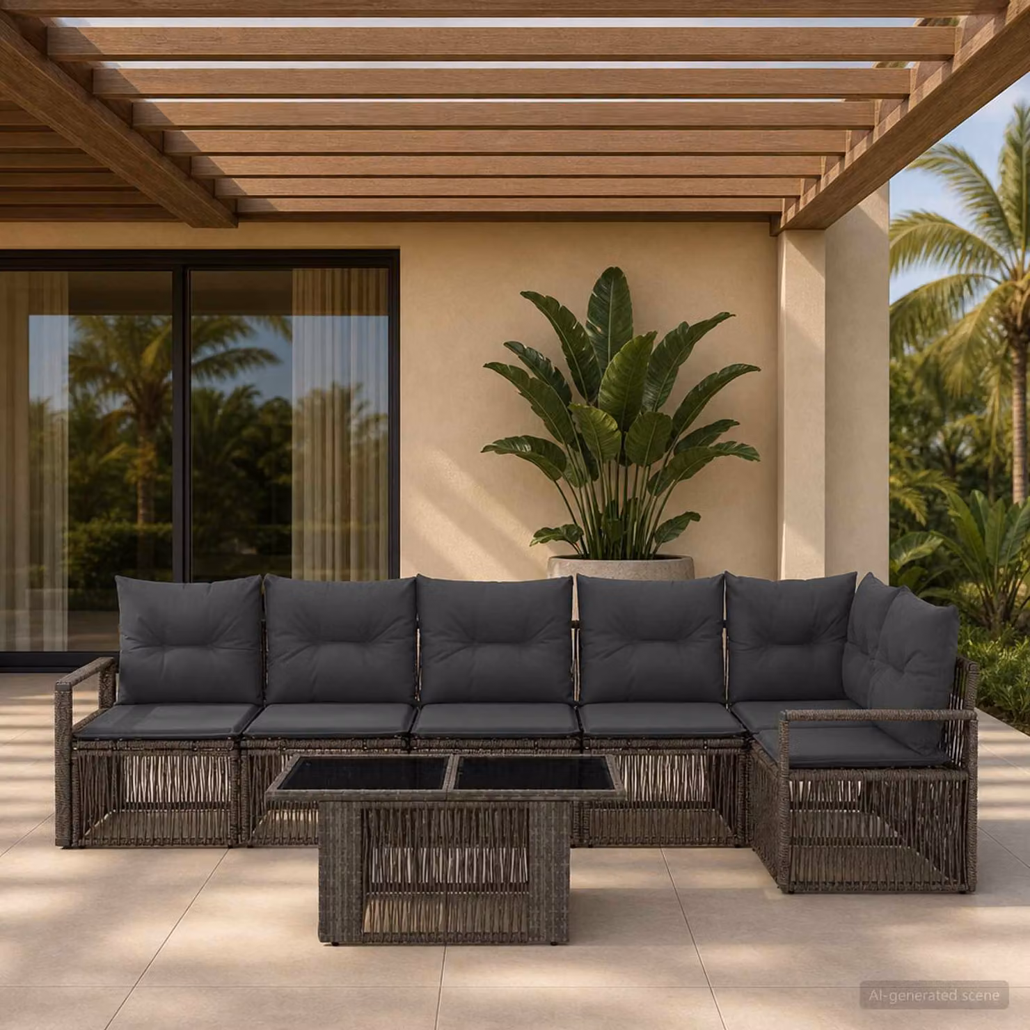 Set Divano da Giardino vidaXL 7 Pezzi a Forma di L con Tavolino, Grigio e Antracite, in Polyrattan con Cuscini Inclusi