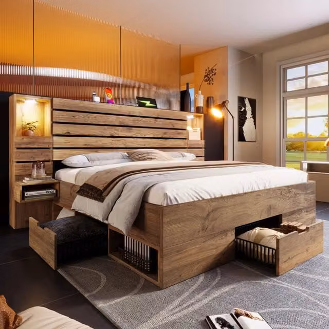 Letto matrimoniale 180x200 cm con downlight; USB Type-C; cassetti in MDF e metallo colore naturale