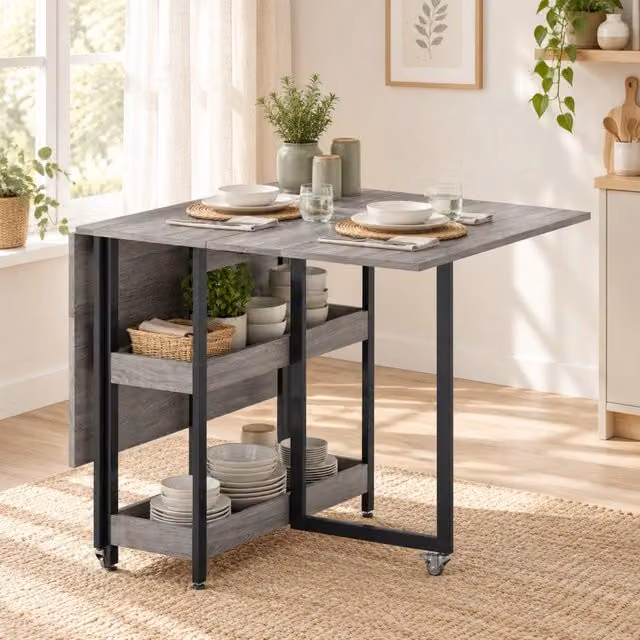 Tavolo da pranzo pieghevole grigio 133,4 x 80 x 75 cm con 2 ripiani aperti