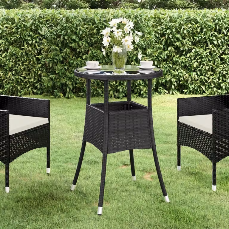 The Living Store tavolo da giardino Ø60x75 cm in vetro temperato e poly rattan nero