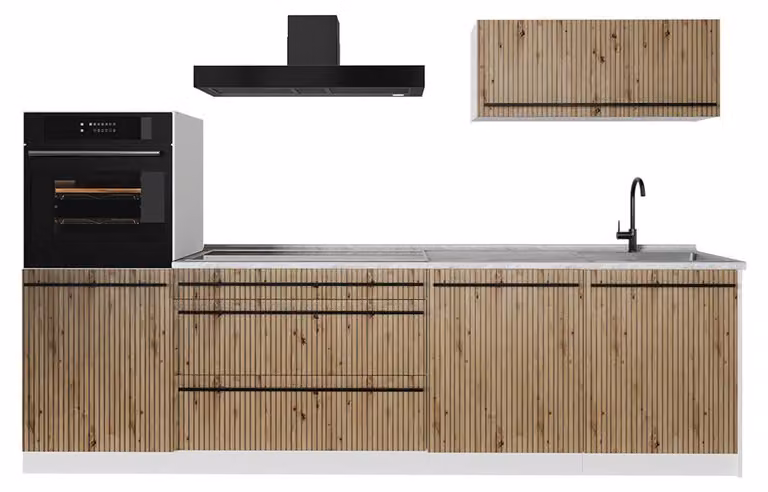 Cucina componibile Vicco R-Line Rovere artigianale/Bianco 280 cm piano di lavoro Marmo, Model 67267