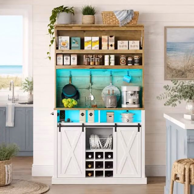 Credenza da cucina alta 110x40x191 cm in MDF con LED RGB; ripiani aperti e ante scorrevoli