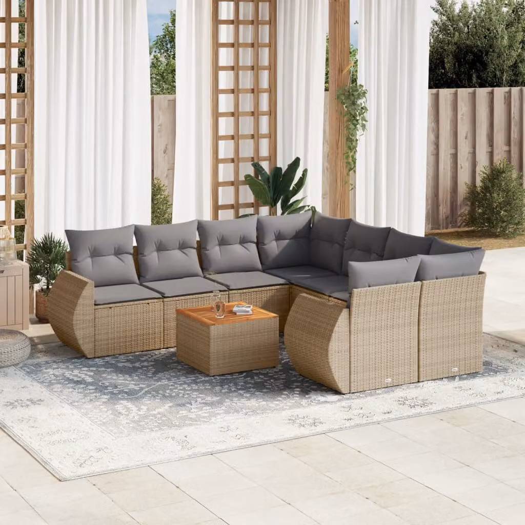 vidaXL Set Divano da Giardino a L 9 pz in Polyrattan con Cuscini Beige e Tavolino da Esterno – 1