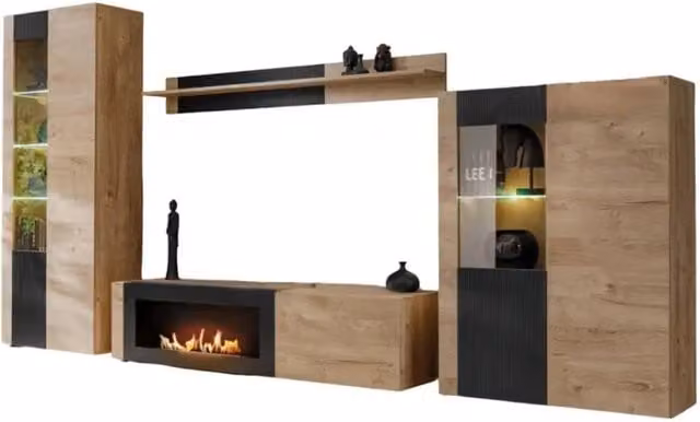 Set di soggiorno DOUM Meublorama in stile industrial con camino a bioetanolo, Rovere chiaro e nero, L320 x H192 x P45 cm – 1