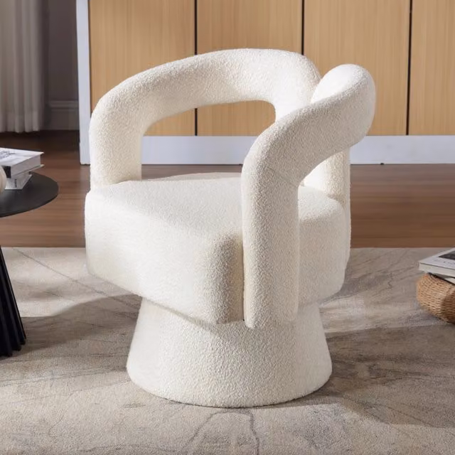 Poltrona girevole MIVRAY in tessuto bouclé beige con imbottitura in schiuma, base in metallo e legno, H 74 x L 67 x P 55 cm