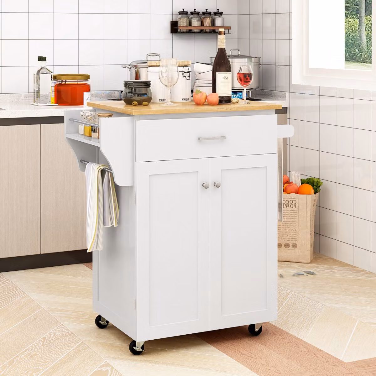 Isola da cucina su ruote Costway con cassetto e armadio con ripiano regolabile, Bianco