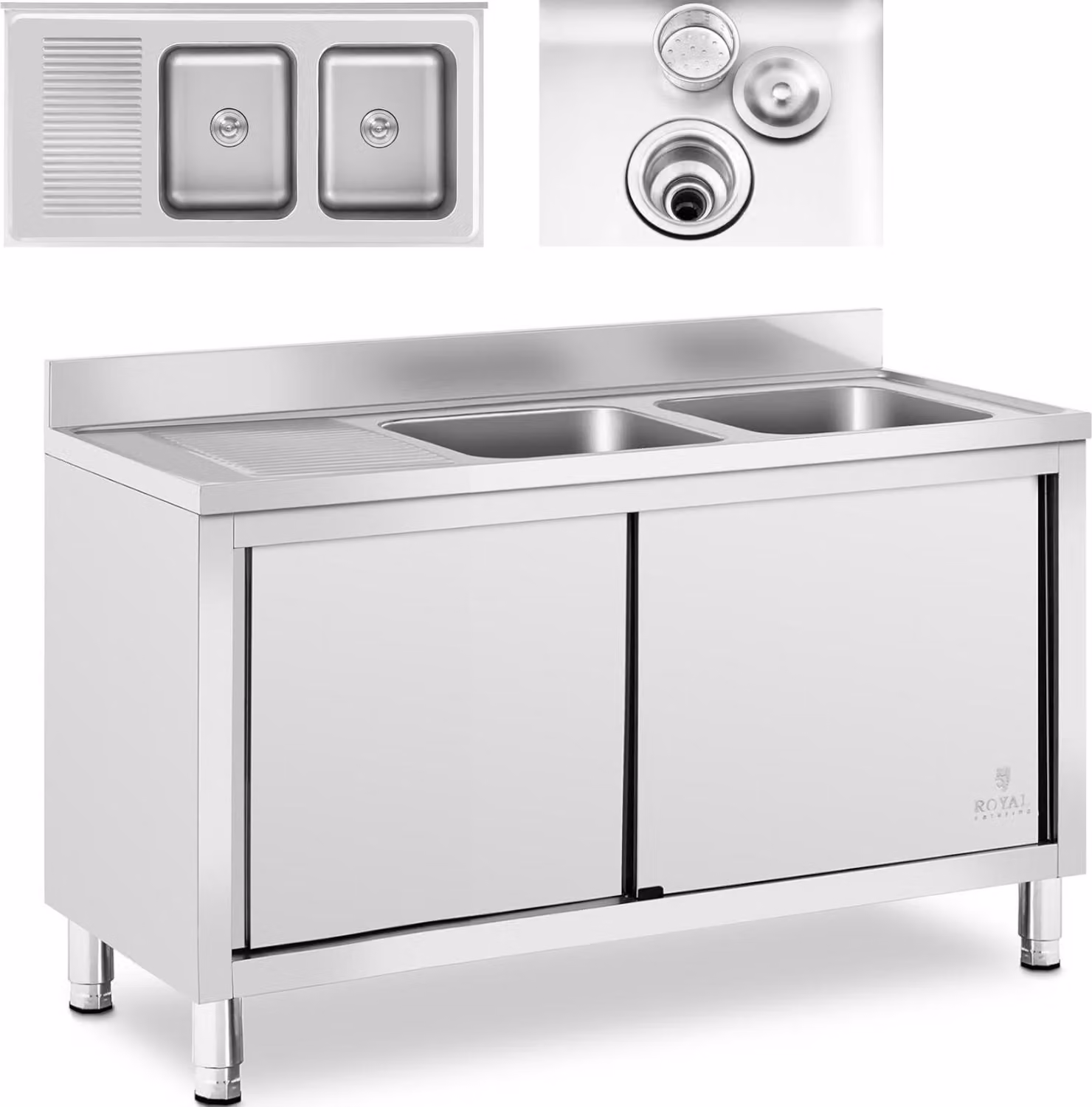 Expondo Royal Catering Mobile lavello - 2 vasche - - Acciaio inox - 140 x 70 cm