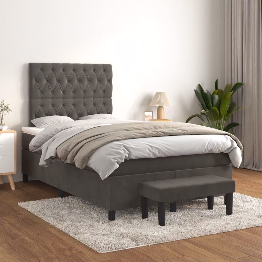 vidaXL Giroletto a Molle con Materasso Ibrido in Velluto Grigio, L/P/H: 120 x 200 cm – 1