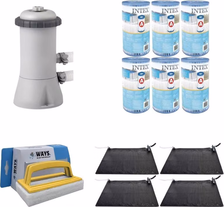 WAYS - Cura della piscina - 4x riscaldatore per piscina e pompa filtro 2271 L/u & 6 filtri tipo A & spazzola WAYS per il lavaggio