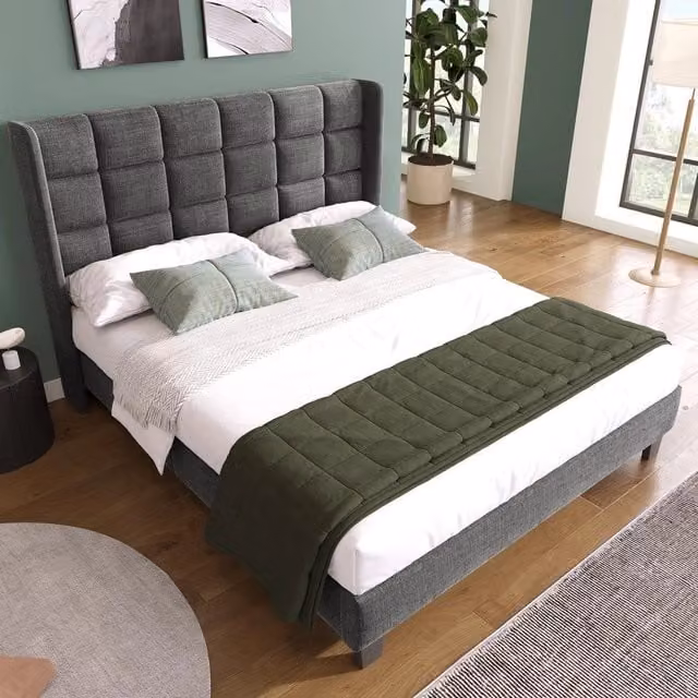 Letto imbottito Minimal con testiera e rete a doghe in tessuto grigio L/P/H: 140 x 200 x 208 cm – 1