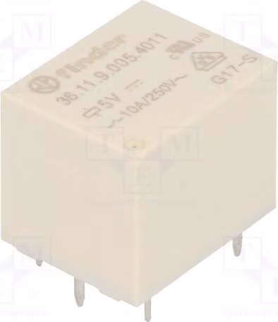 1 relè: bobina elettromagnetica, 5 VDC, 10 A / 250 VAC, 15 A, codice prodotto: 36.11.9.005.4011