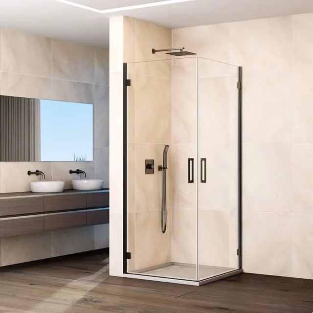 Box doccia angolare DUCHA GLASS con 2 porte battenti in vetro trasparente e finitura titanio, L: 43,5-45,5 cm, H: 83,5-85,5 cm