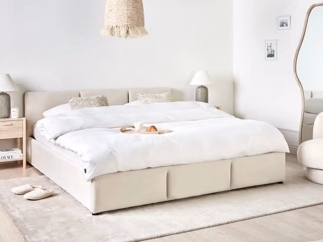 Letto Ottomano Beige Chiaro Velluto Tappezzato 180 x 200 cm Testiera Travestita Funzione Contenitore