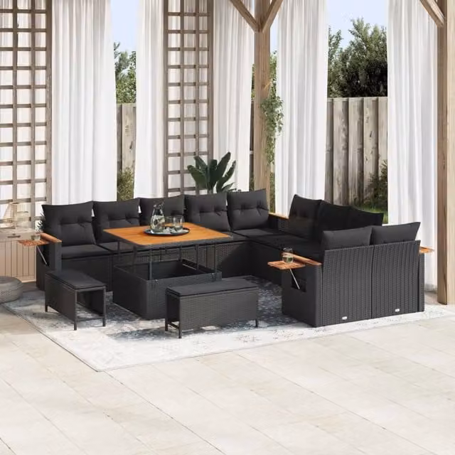Set Divano da Giardino vidaXL a 13 posti con Forma a U, Colore Nero e Marrone, Struttura in Acciaio Verniciato a Polvere e Legno di Acacia, Include Cuscini e Tavolino da Esterno – 1