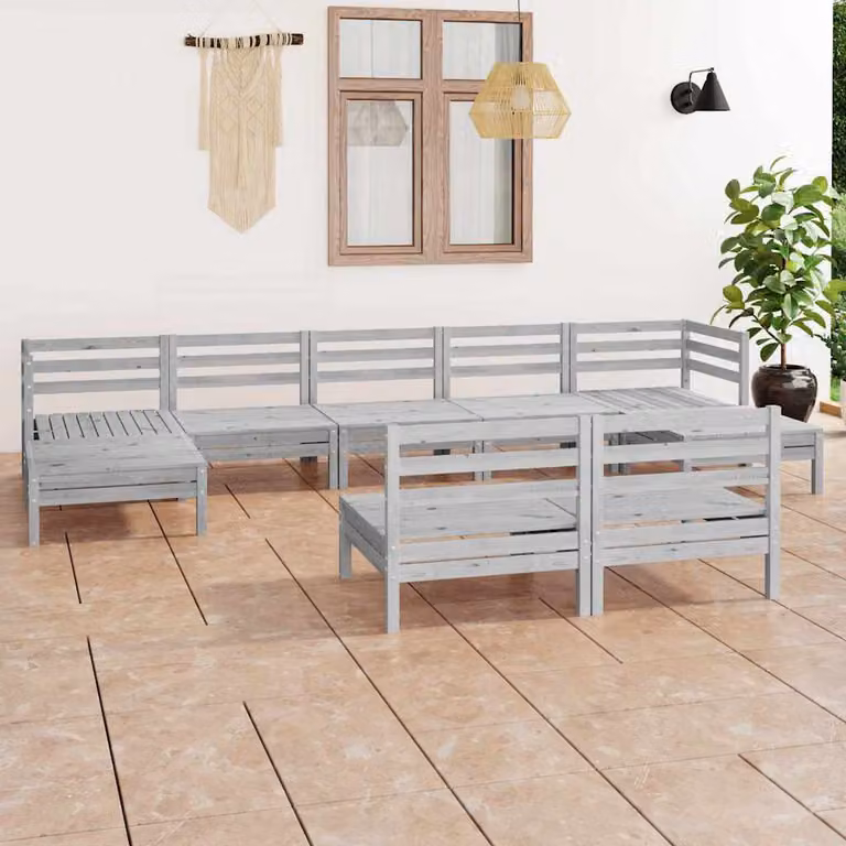 Set Salotto da Giardino vidaXL in Legno di Pino con Cuscini Bianchi e Grigi, Composizione a L da 9 Pezzi