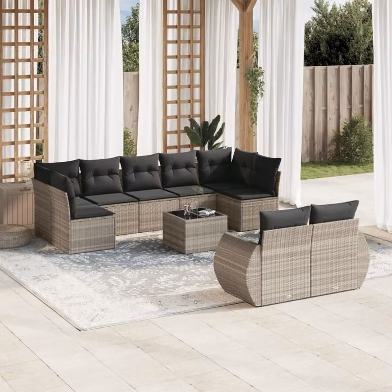 vidaXL Set Divano da Giardino a L 10 pz in Polyrattan Grigio con Cuscini e Tavolino
