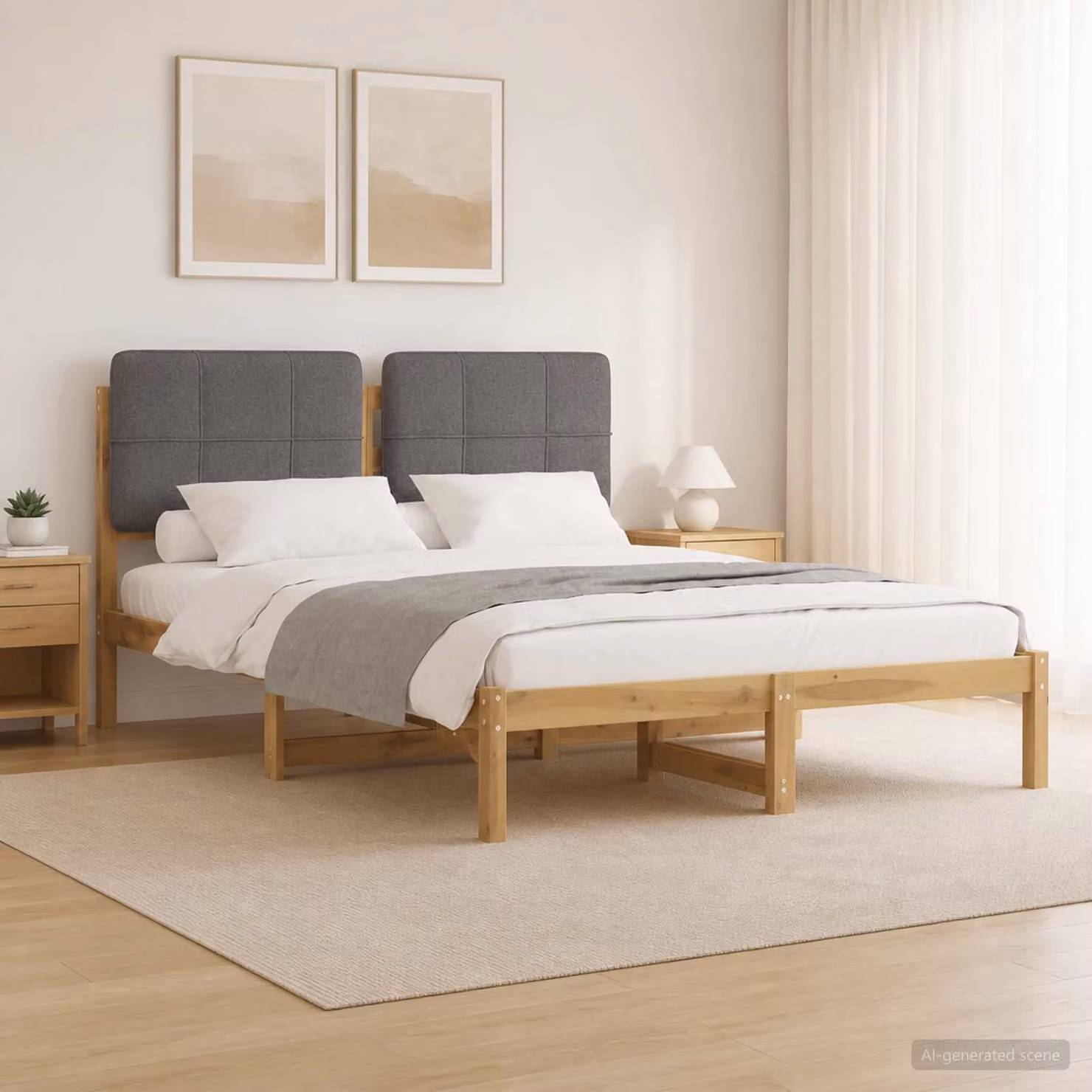 Letto con testiera rivestita vidaXL in legno di acacia e tessuto, Bianco lavato e Grigio chiaro, L/P/H: 120 x 200 x 85 cm