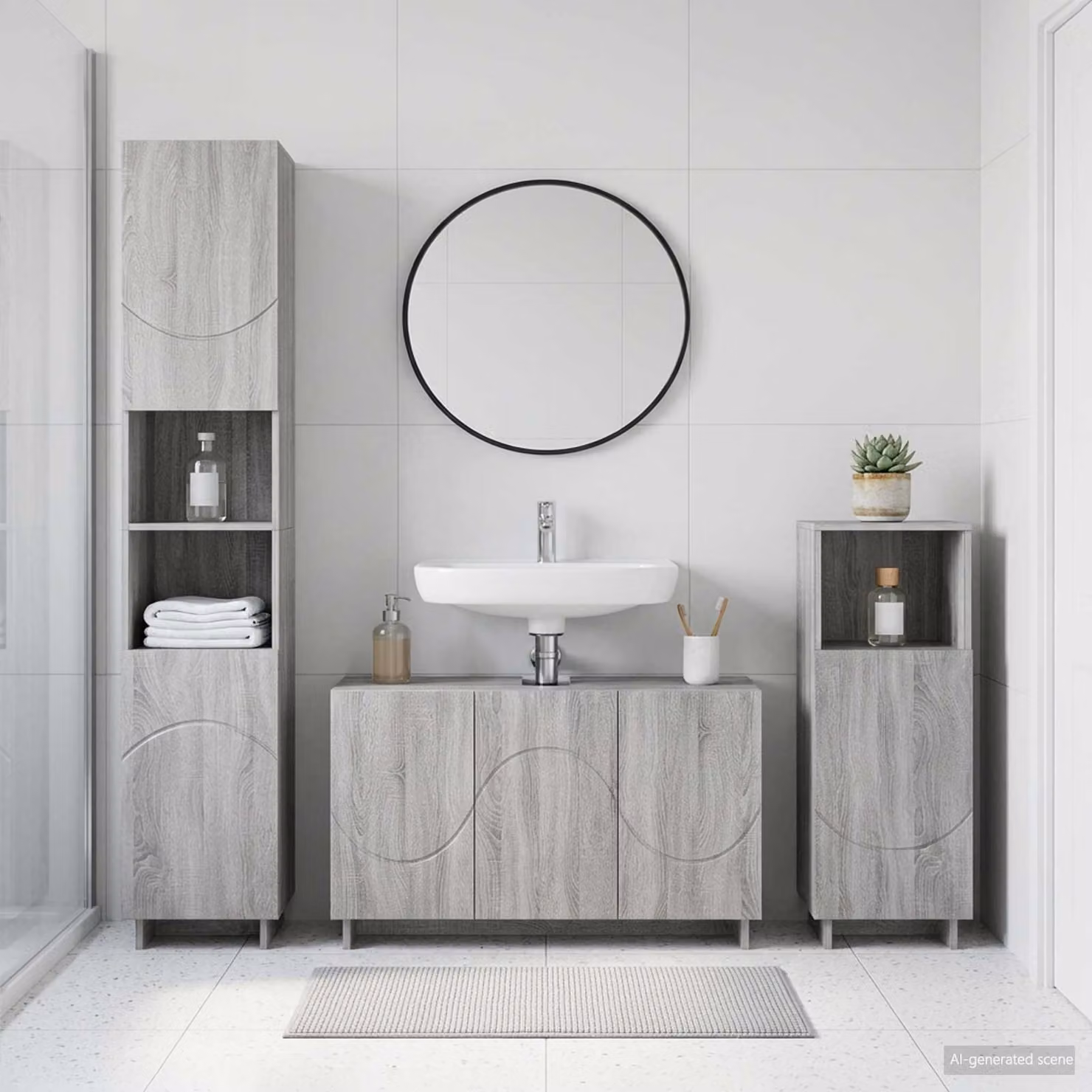 Set di mobili da bagno moderno vidaXL in 3 pezzi color grigio con finitura opaca in legno ingegnerizzato