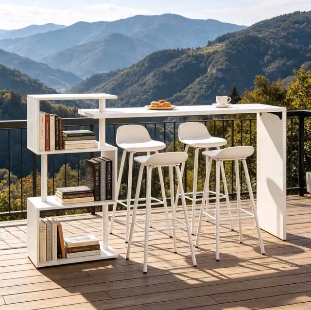 Tavolo Bar Bianco con Ripiani Laterali e Piano in MDF 97,5x38 cm, Altezza 100 cm
