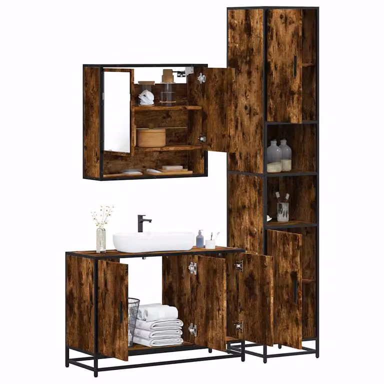 Set di mobili da bagno vidaXL in stile industriale composto da 3 pezzi in legno rovere e metallo, colore marrone