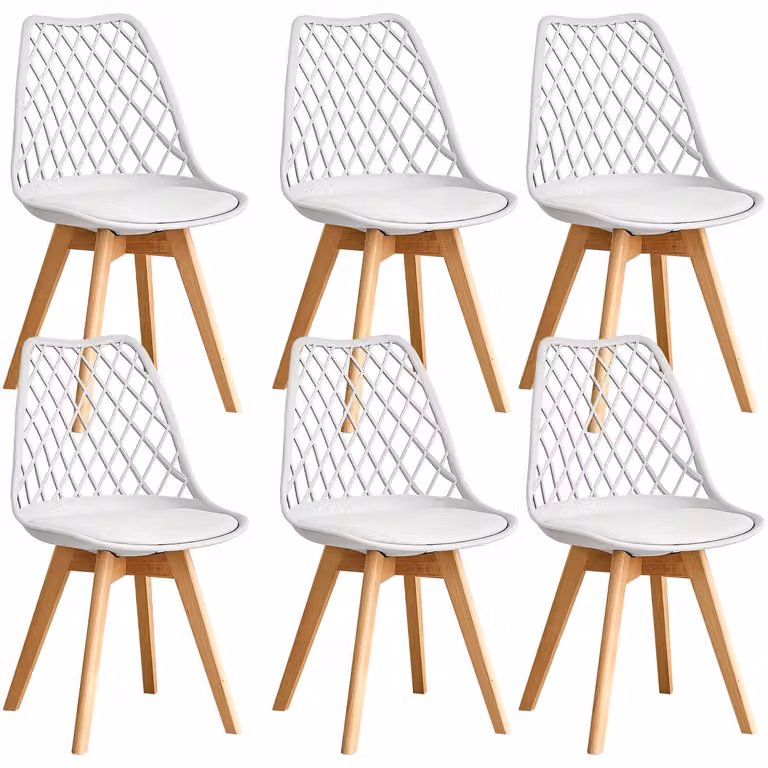 Set da 6 sedie da pranzo - Sedia da pranzo - Stile moderno - Seduta imbottita in ecopelle - Gambe in legno massello - Scocca in plastica - Senza braccioli - Bianco