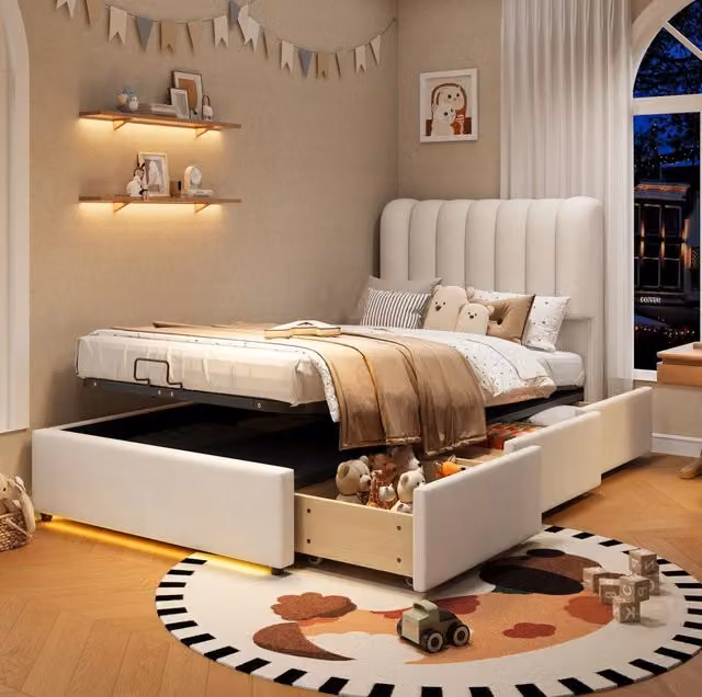 Letto imbottito con contenitore idraulico; 3 cassetti e LED; velluto beige; 90x200 cm