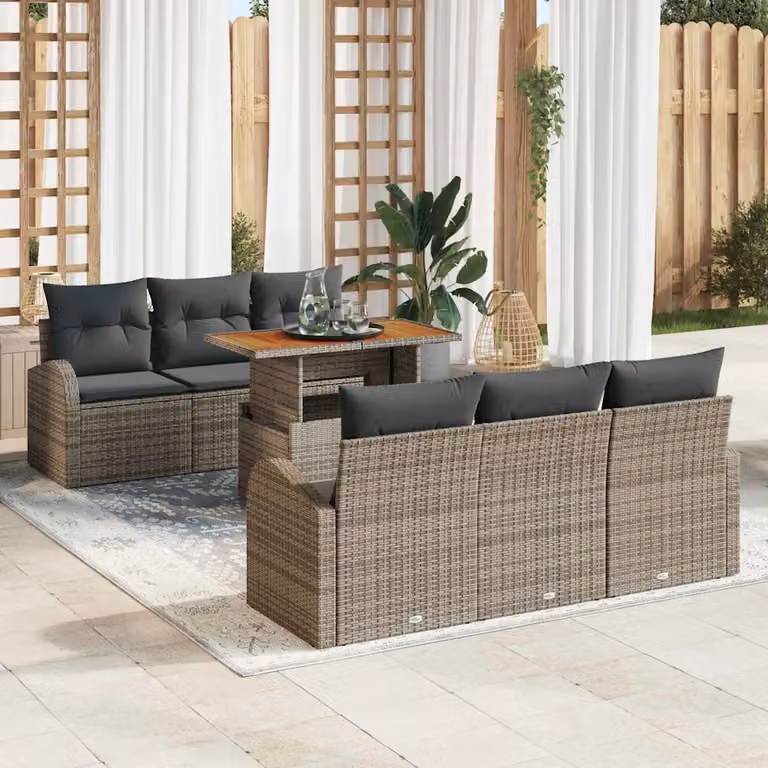 Set Divano da Giardino vidaXL 7 pz in Polyrattan e Legno di Acacia Grigio