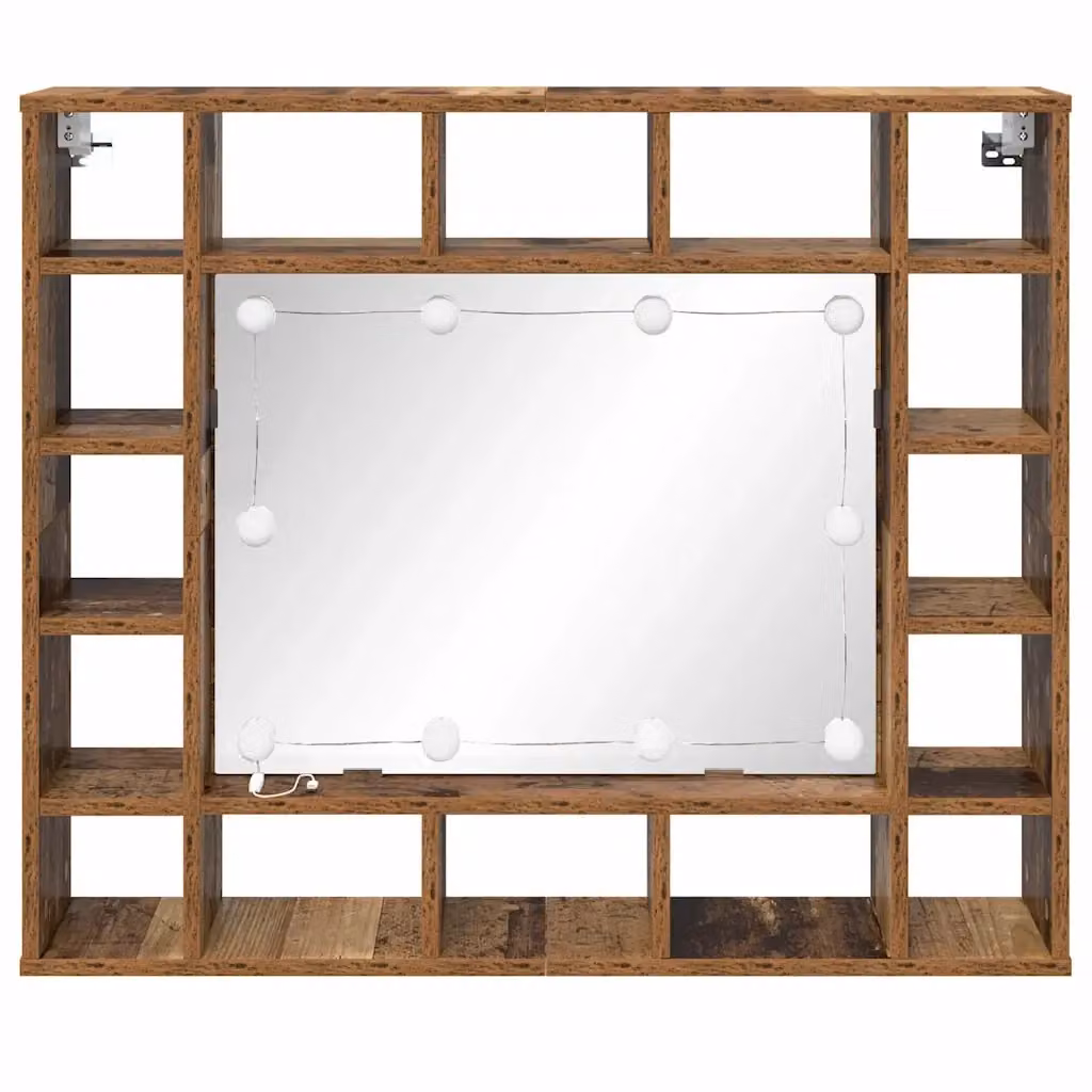 Mobiletto moderno con specchio e illuminazione a LED integrata per bagno e ingresso, finitura legno anticato marrone, L: 91 cm, P: 15 cm, H: 76 cm – 2