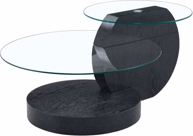 Tavolino da caffè moderno con piano in vetro di sicurezza su struttura MDF effetto legno nero, design a più livelli
