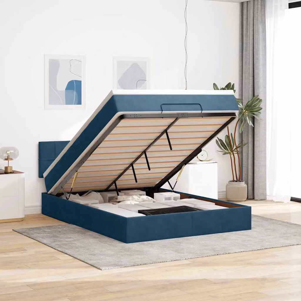 vidaXL Struttura Letto con Materasso e Pouf in Velluto Blu, L/P/H: 140 x 200 x 88 cm – 1