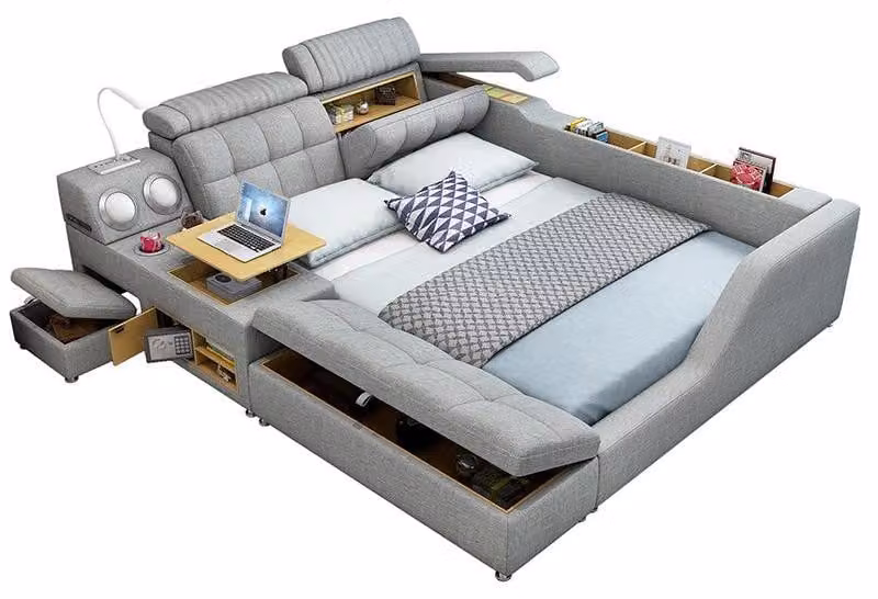 Letto multifunzionale, stile moderno, colore grigio, struttura in legno, comodo