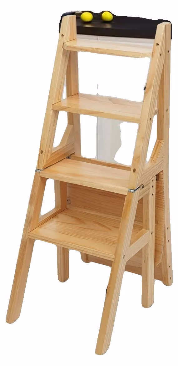 Scaletta, portata massima 100 kg, dimensioni 35x46x90 cm, 4 gradini, realizzata in legno di pino, altezza 46 cm