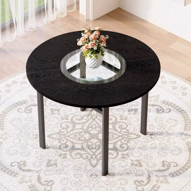 Tavolo rotondo moderno REDOM in MDF nero con inserto in vetro e struttura in metallo