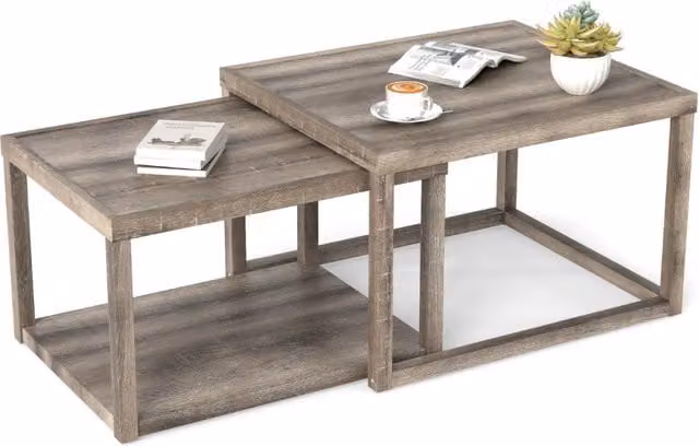 Set di 2 tavolini laterali rettangolari impilabili Design Mania in legno di gomma e MDF, Grigio