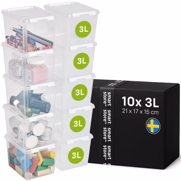 SmartStore - Contenitore di stoccaggio Classic da 3 litri con coperchio, confezione da 10 | Impilabile (Dimensioni: 21x17x15 cm)