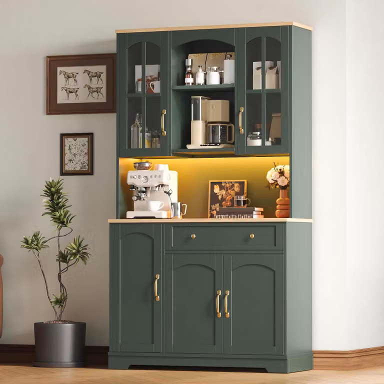 Mobiletto alto da cucina con illuminazione a LED, 2 ante in vetro temperato e un cassetto, mobiletto vetrina con spazio contenitivo, colore verde